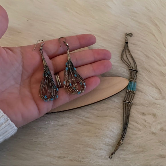 Vintage Beaded Earring Bracelet Set Sterling Silver & Turquoise Native American - Picture 9 of 9